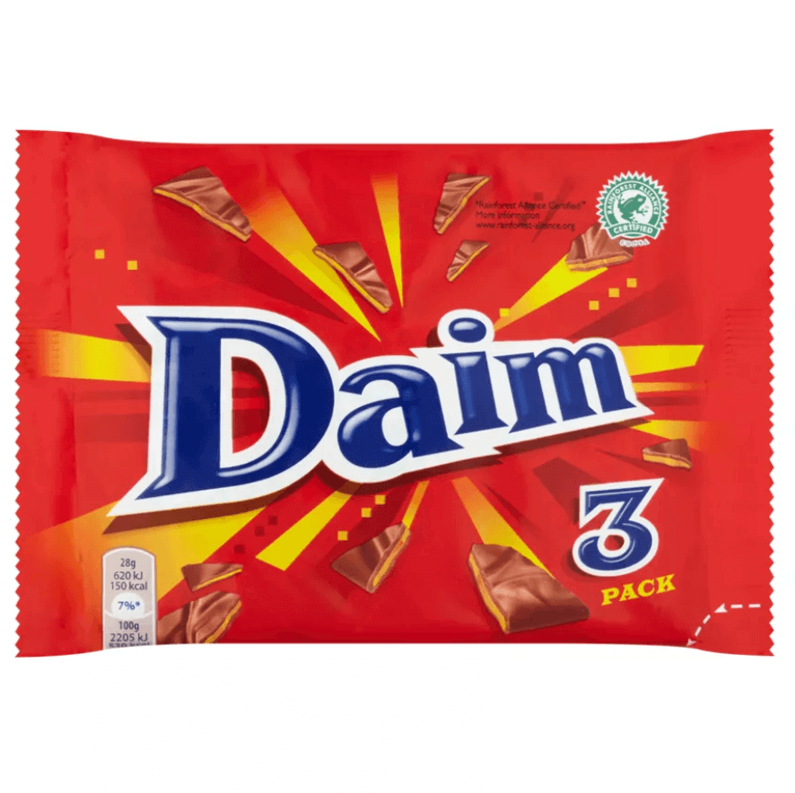 Daim chocolate bar multipack of 3, featuring smooth milk chocolate and crunchy almond caramel center.