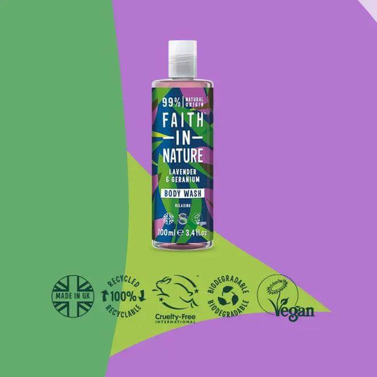 Faith in Nature Lavender & Geranium Body Wash 100ml, vegan, cruelty-free, natural ingredients, made in UK, eco-friendly.