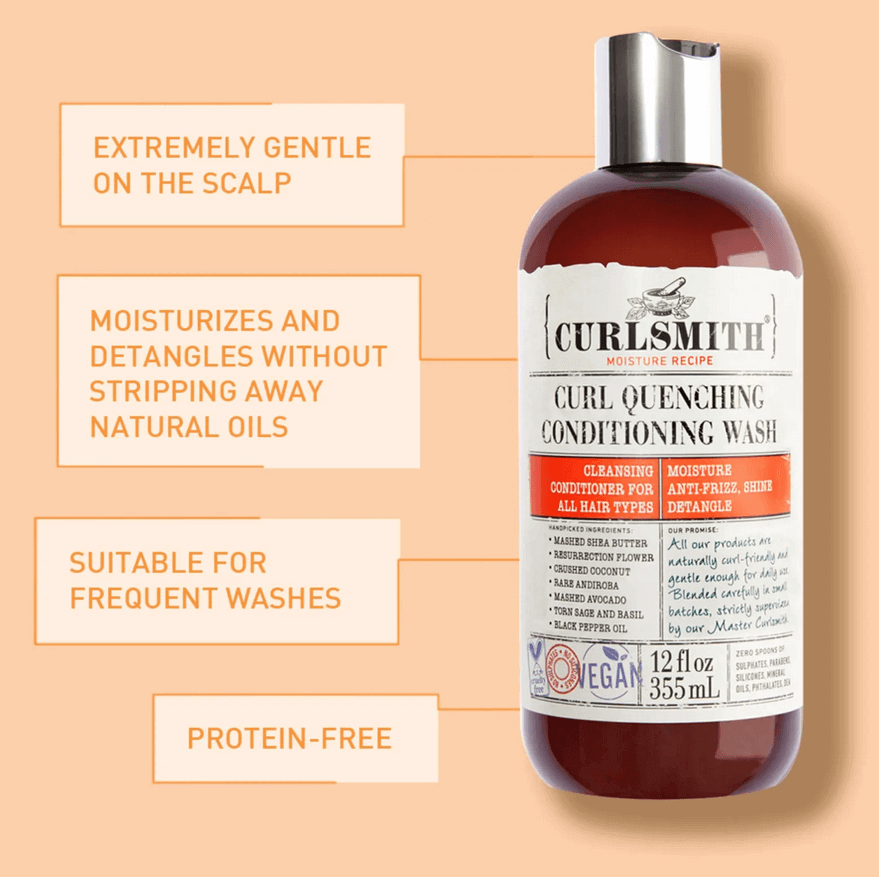 Curlsmith Curl Quenching Conditioning Wash 355ml bottle, suitable for all hair types, protein-free, gentle on scalp, moisturizes and detangles.
