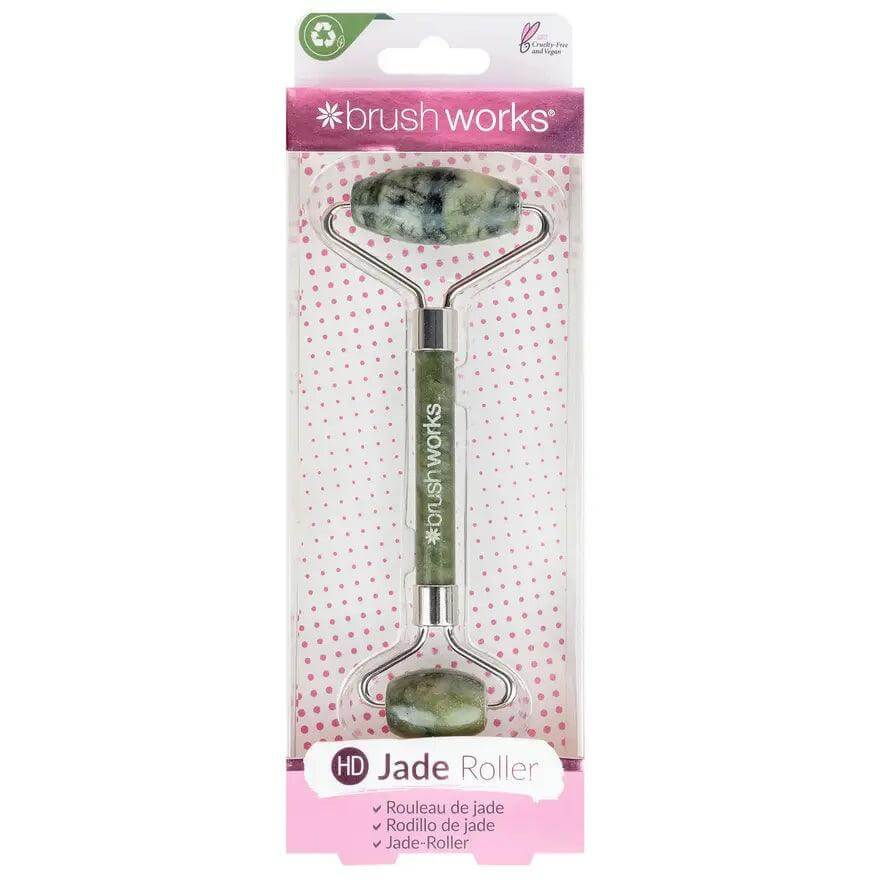 Brushworks HD Jade Roller for skin massage, promoting blood flow and reducing puffiness.