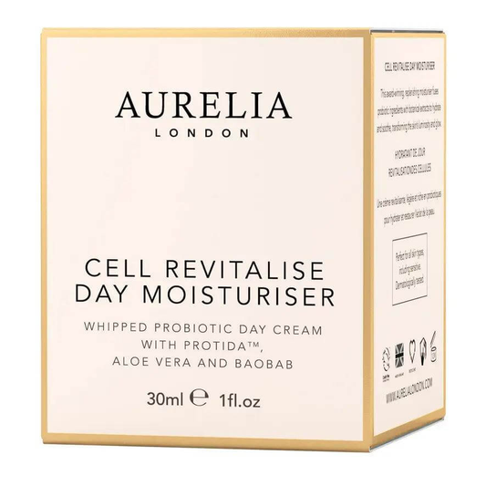 Aurelia London Cell Revitalise Day Moisturiser 30ml packaging, whipped probiotic cream with aloe vera and baobab.