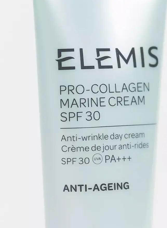 Elemis Pro-Collagen Marine Cream SPF 30 packaging showcasing anti-ageing benefits and hydration.