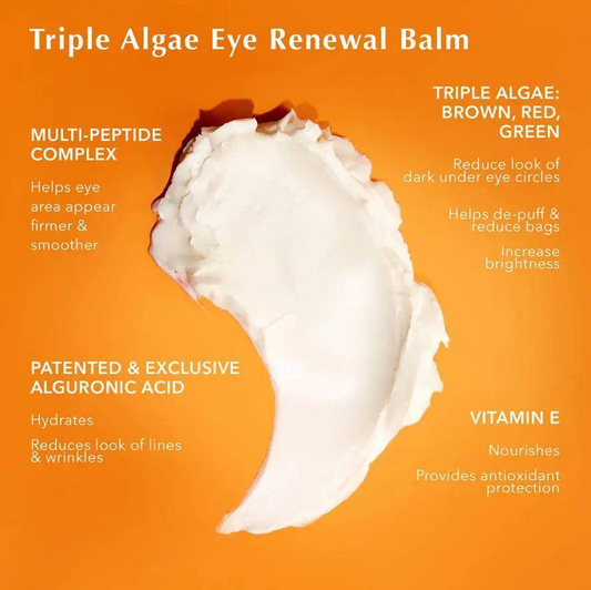 Algenist Triple Algae Eye Renewal Balm highlighting ingredients and benefits for brighter, rejuvenated eyes.