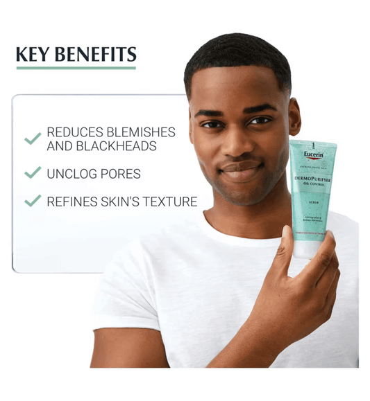 Eucerin Dermo Purifyer Face Scrub, person showing product benefits: reduces blemishes, unclogs pores, refines skin's texture.