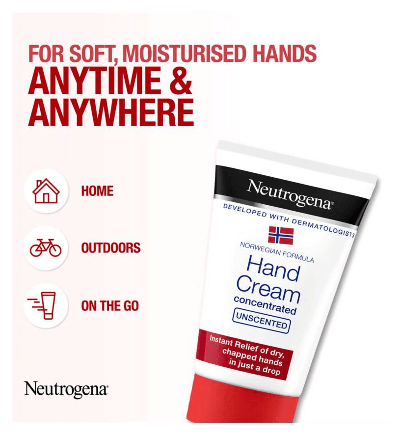 Neutrogena Norwegian Formula Hand Cream for soft, moisturised hands anytime, anywhere, targeting dry, chapped skin relief.