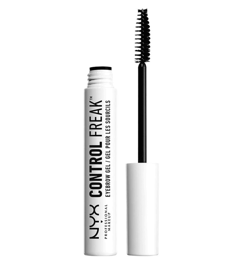 NYX Control Freak Eyebrow Gel in clear packaging with applicator brush, ideal for taming unruly brows and enhancing makeup.