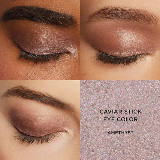Close-up of eyes showcasing Laura Mercier Mini Caviar Stick Eye Colour in Amethyst, highlighting its versatile creamy texture.