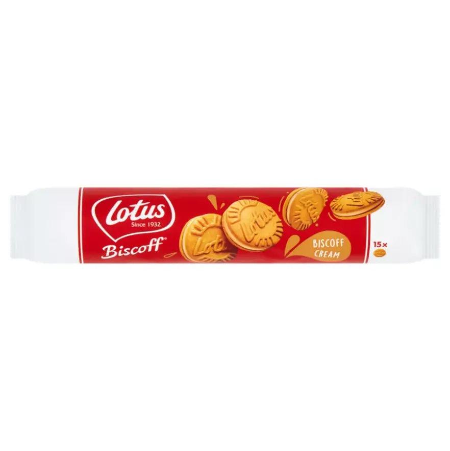 Lotus Biscoff Cream biscuits packaging featuring caramelised sandwich biscuits with cream filling.