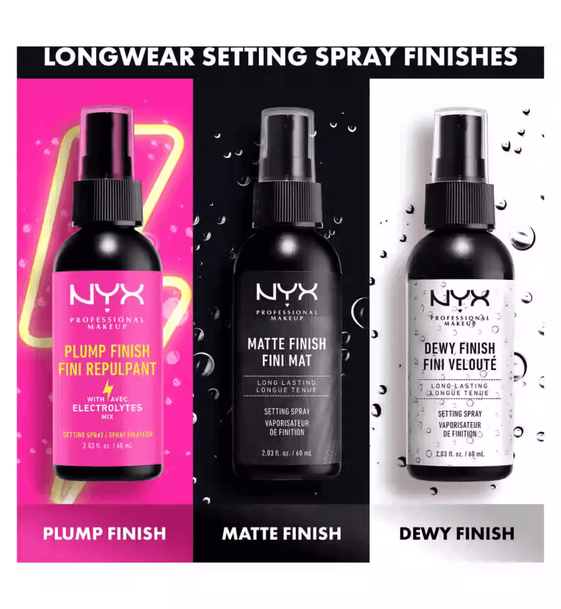 NYX Professional Makeup longwear setting spray finishes: Plump, Matte, and Dewy, showcasing different styles of makeup setting.
