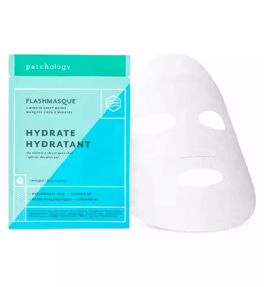 Patchology FlashMasque Hydrate Sheet Mask with hydrating ingredients for deep moisture and quick skin rejuvenation.