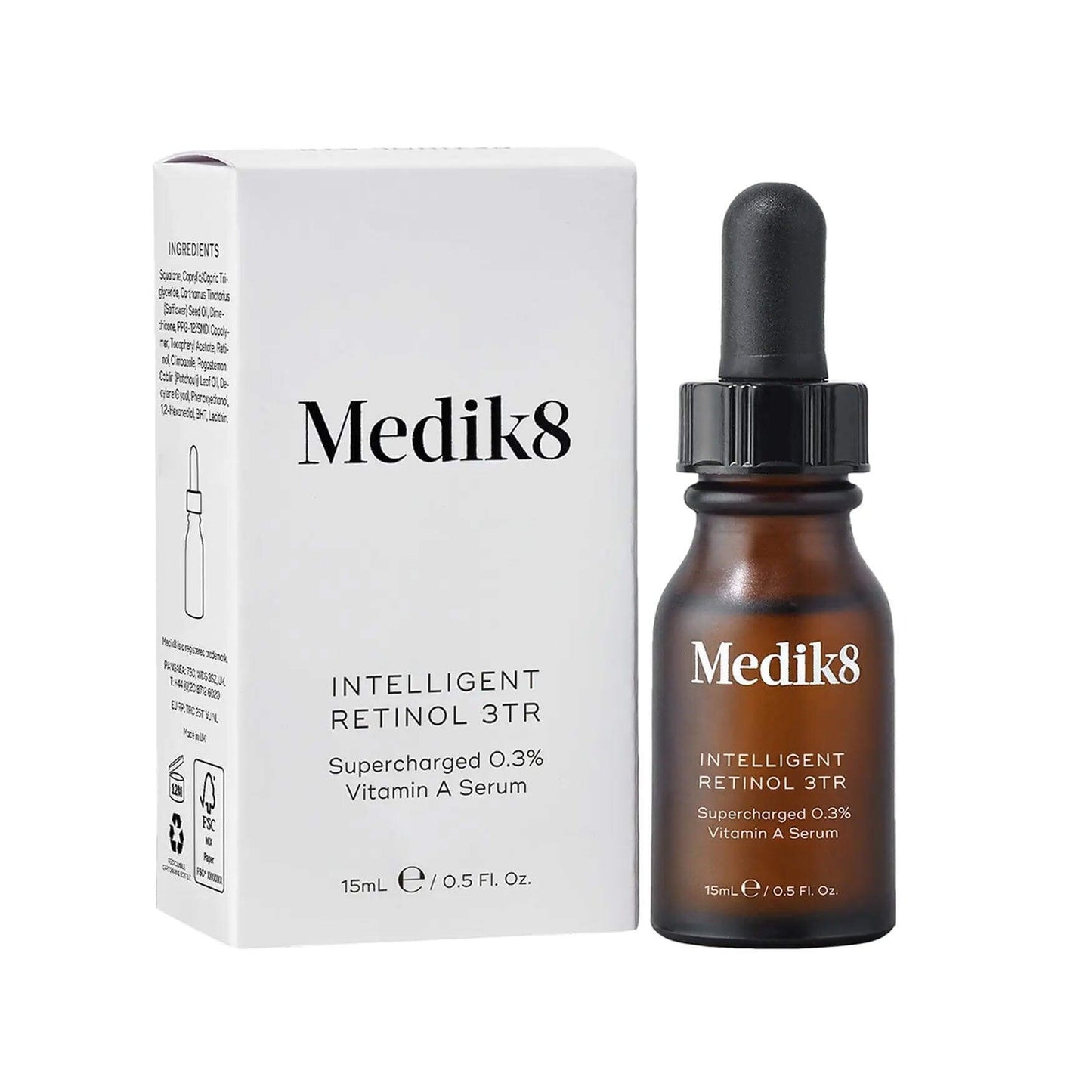 Medik8 Intelligent Retinol 3TR serum 15ml in packaging, designed for nightly skin rejuvenation and enhanced radiance.