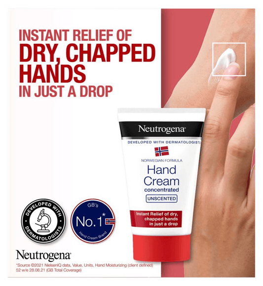 Neutrogena Norwegian Formula Hand Cream for dry, chapped hands; unscented, concentrated formula in 50ml tube.