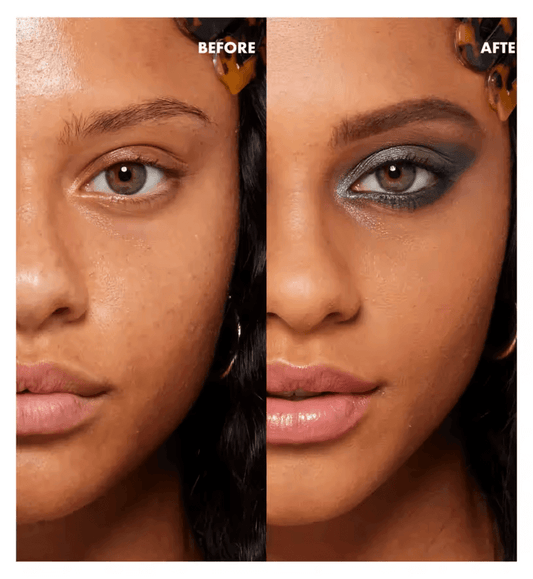 Before and after NYX makeup transformation showcasing dramatic eye makeup and flawless skin finish.