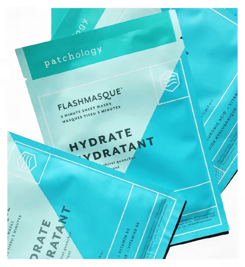 Patchology FlashMasque Hydrate Sheet Masks packaging, designed for quick hydration and skin nourishment.