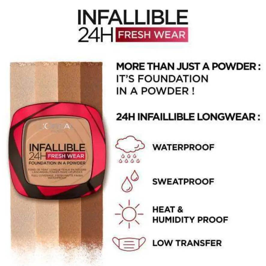 L'Oreal Infallible 24H Freshwear Face Powder packaging showcasing waterproof, sweatproof, and heat-proof features.