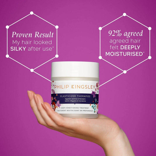 Philip Kingsley Elasticizer Therapies shown in hand, highlighting proven results for silky and deeply moisturized hair.
