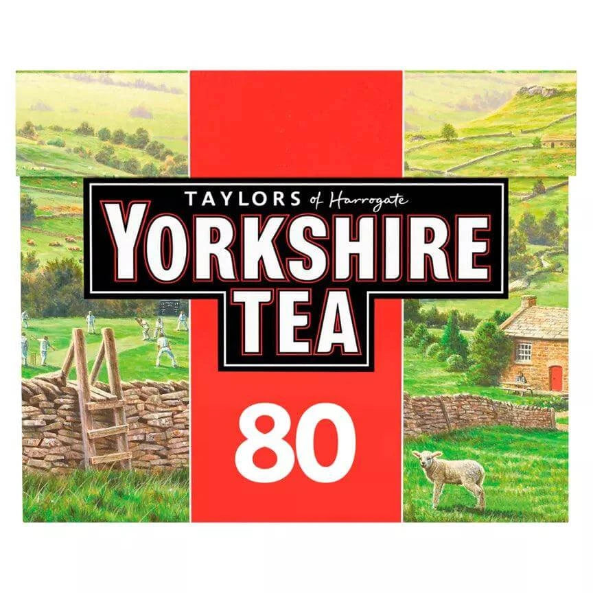 Yorkshire Tea Bags box featuring scenic countryside, quality tea for a proper brew, 80 bags included.