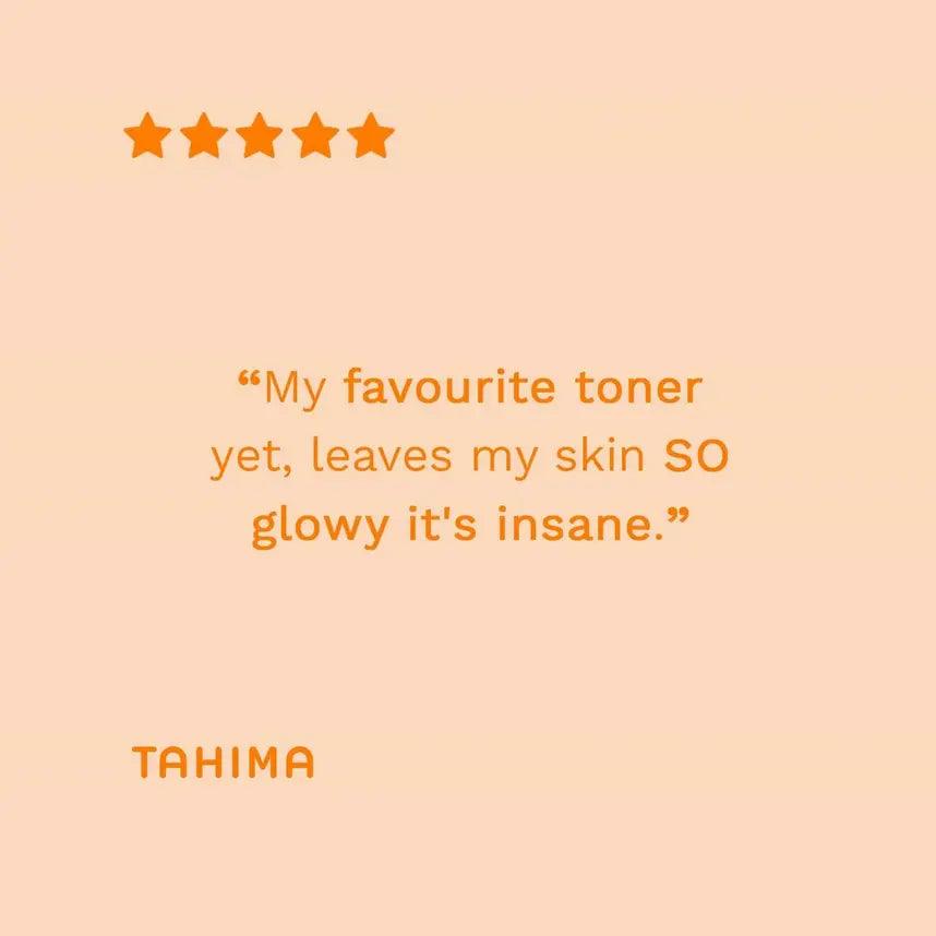 Customer review of REN Clean Skincare AHA Tonic praising its glow-inducing effects. 5-star rating by Tahima.