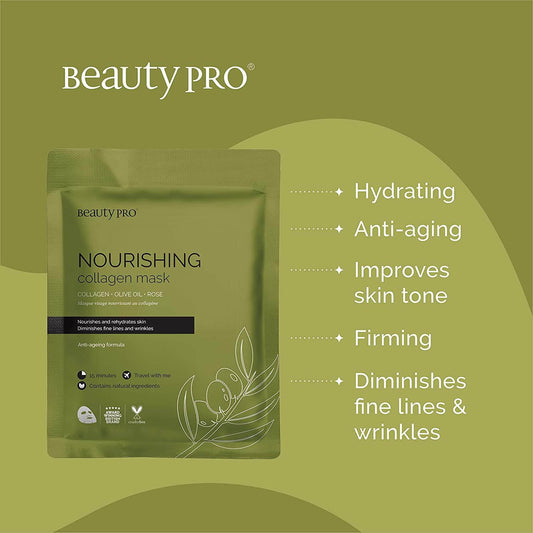 BeautyPro NOURISHING Collagen Sheet Mask with Olive Extract for hydration, anti-aging, and improving skin tone.
