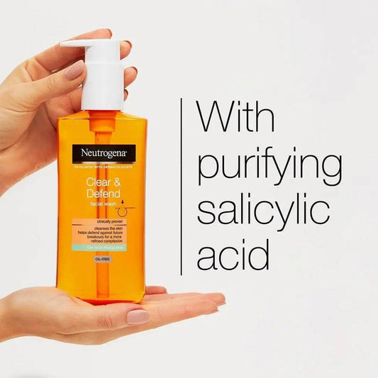 NEUTROGENA Clear & Defend Facial Wash 200ml with salicylic acid for clear, oil-free skin.