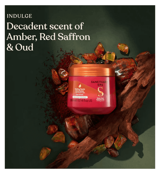 Sanctuary Spa Melting Pearl Body Butter with Amber and Oud scent, featuring natural oils in a luxurious 300ml jar.