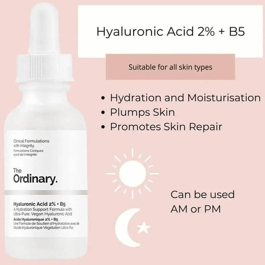 The Ordinary Hyaluronic Acid 2% + B5 bottle, promotes hydration and plumps skin, suitable for all skin types.