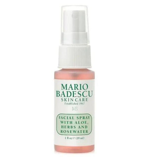 Mario Badescu Facial Spray with Aloe, Herbs & Rosewater in a 1 oz bottle, perfect for refreshing and hydrating all skin types.