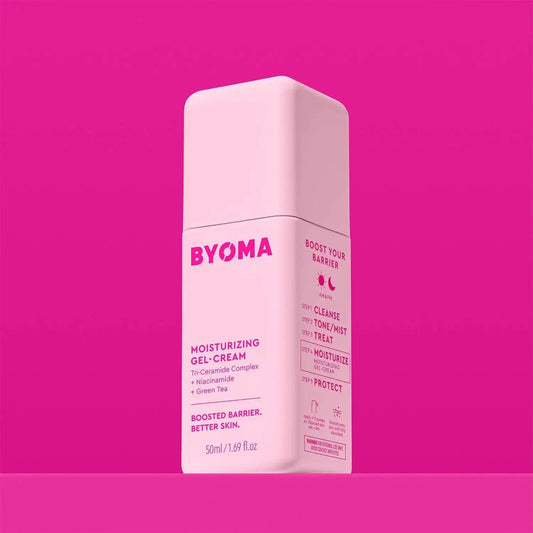 BYOMA Moisturising Gel Cream 50ml in a pink container, promoting hydration and skin barrier support.