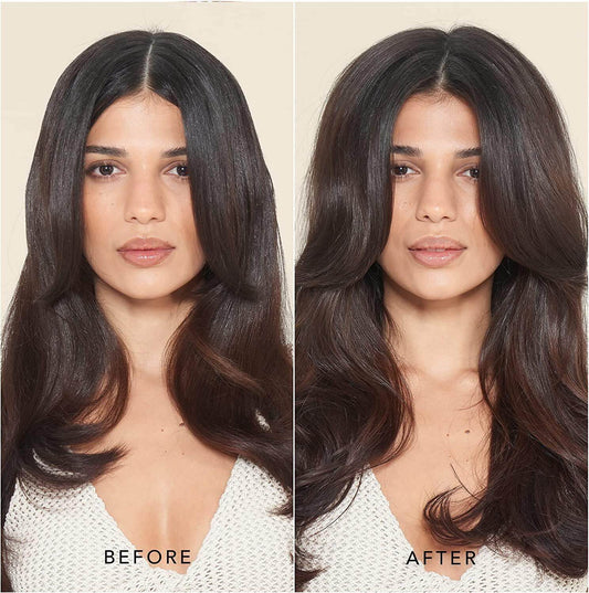 Before and after transformation showing voluminous hair using We Are Paradoxx Volume Supersize Blow Dry Spray.