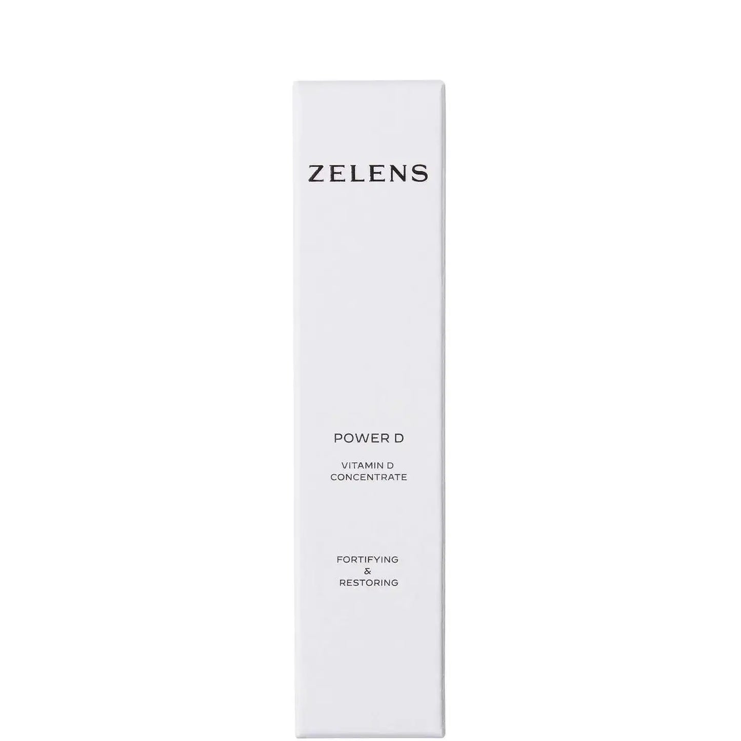 Zelens Power D Fortifying and Restoring vitamin D concentrate packaging in white, ideal for normal and dry skin types.