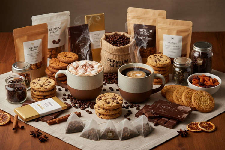 International snacks, chocolates, tea, coffee and hot chocolate products
