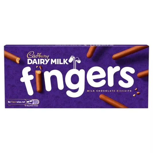 Cadbury Dairy Milk Fingers Biscuits 114g pack featuring delicious milk chocolate-coated biscuits.