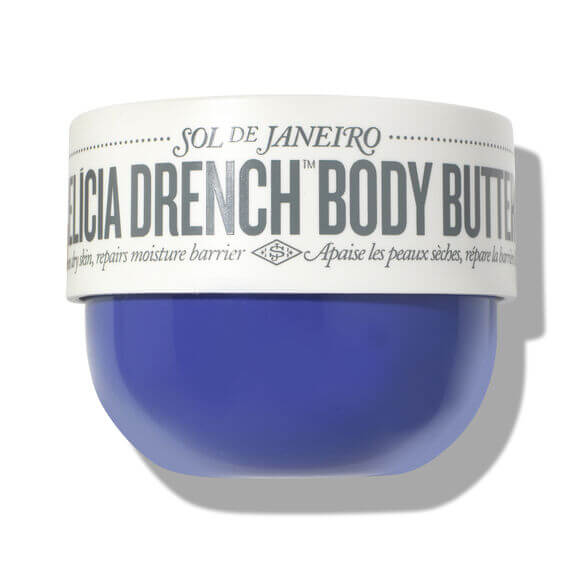 Sol de Janeiro Delicia Drench Body Butter in a blue tub with a white lid and branding.