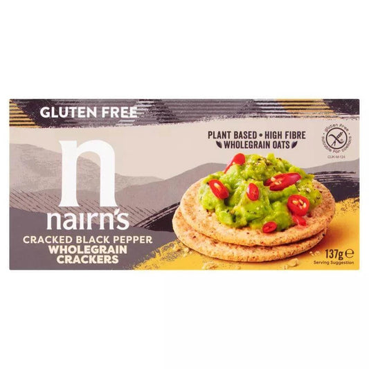 Nairn's Gluten Free Cracked Black Pepper Wholegrain Crackers 137g with avocado spread, high in fiber and suitable for vegans.