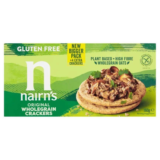 Nairn's Original Wholegrain Crackers 160g, gluten free, vegan, high fibre, suitable for coeliacs, plant based snack.