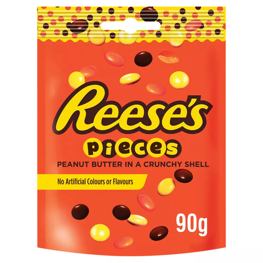Reese's Pieces Peanut Butter in a Crunchy Shell 90g, no artificial colors or flavors, perfect for snacks and movie time.