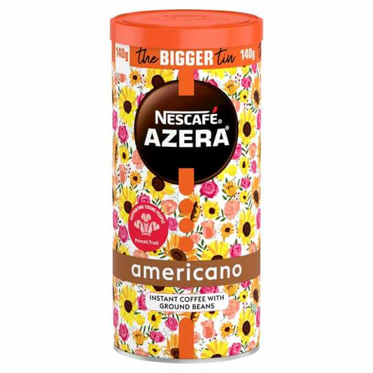 Nescafé Azera Americano instant coffee tin 140g with floral design for rich, smooth flavor.