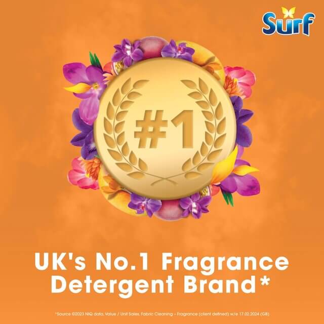 Surf, the UK's No.1 fragrance detergent brand, highlighted with floral design and golden badge.