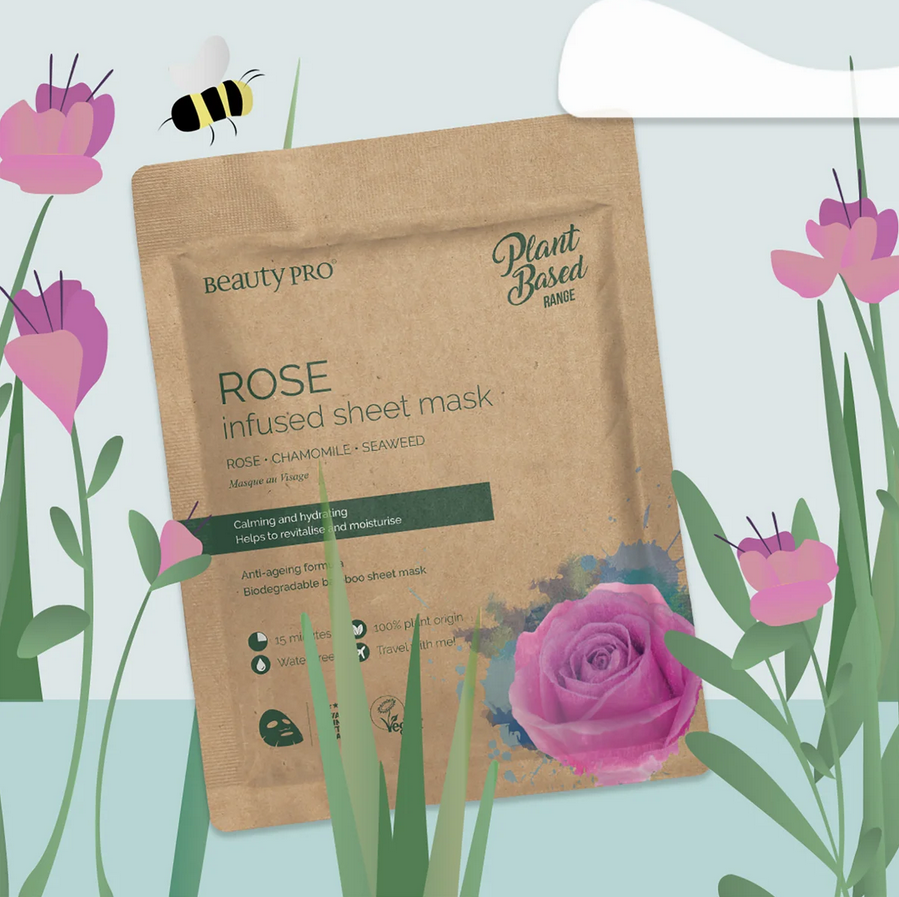 BeautyPro Rose-infused sheet mask packaging with plant illustrations on a light blue background