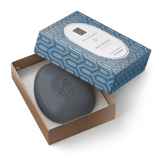 RITUALS Hammam Body Scrub Bar in elegant packaging, showcasing the luxurious exfoliating soap for glowing skin.
