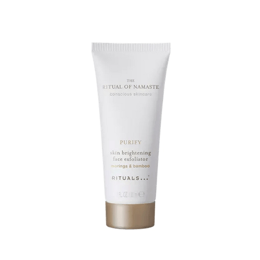RITUALS The Ritual of Namaste Skin Brightening Face Exfoliator tube with bamboo and moringa extract.