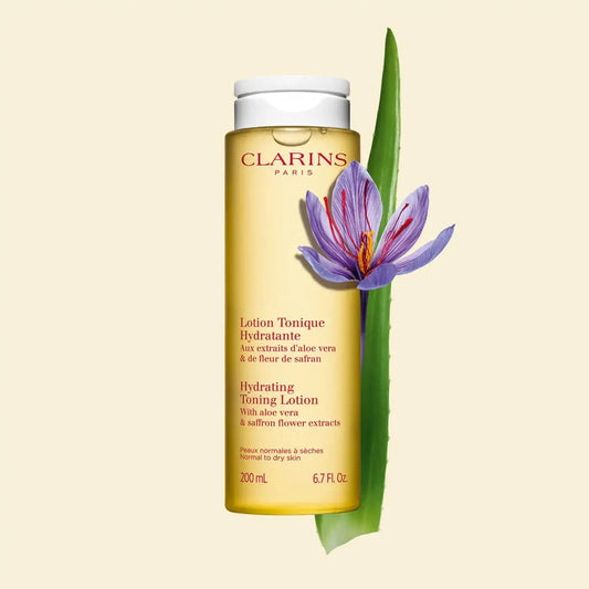 CLARINS Hydrating Toning Lotion with aloe vera and saffron extracts for normal to dry skin, 200ml bottle.