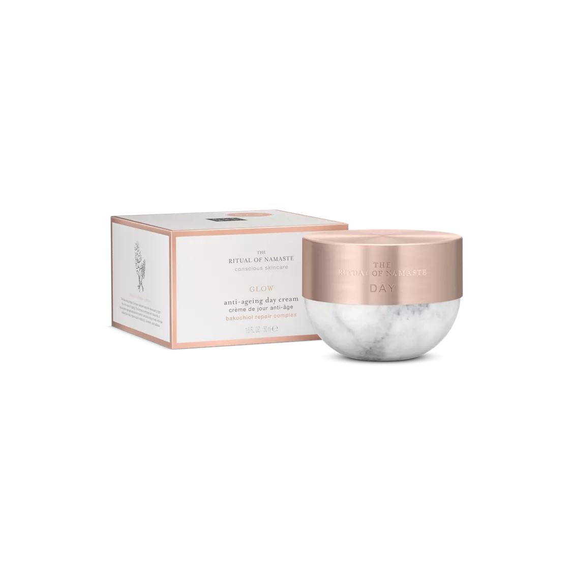 Rose gold and marble cream jar with packaging on a white background