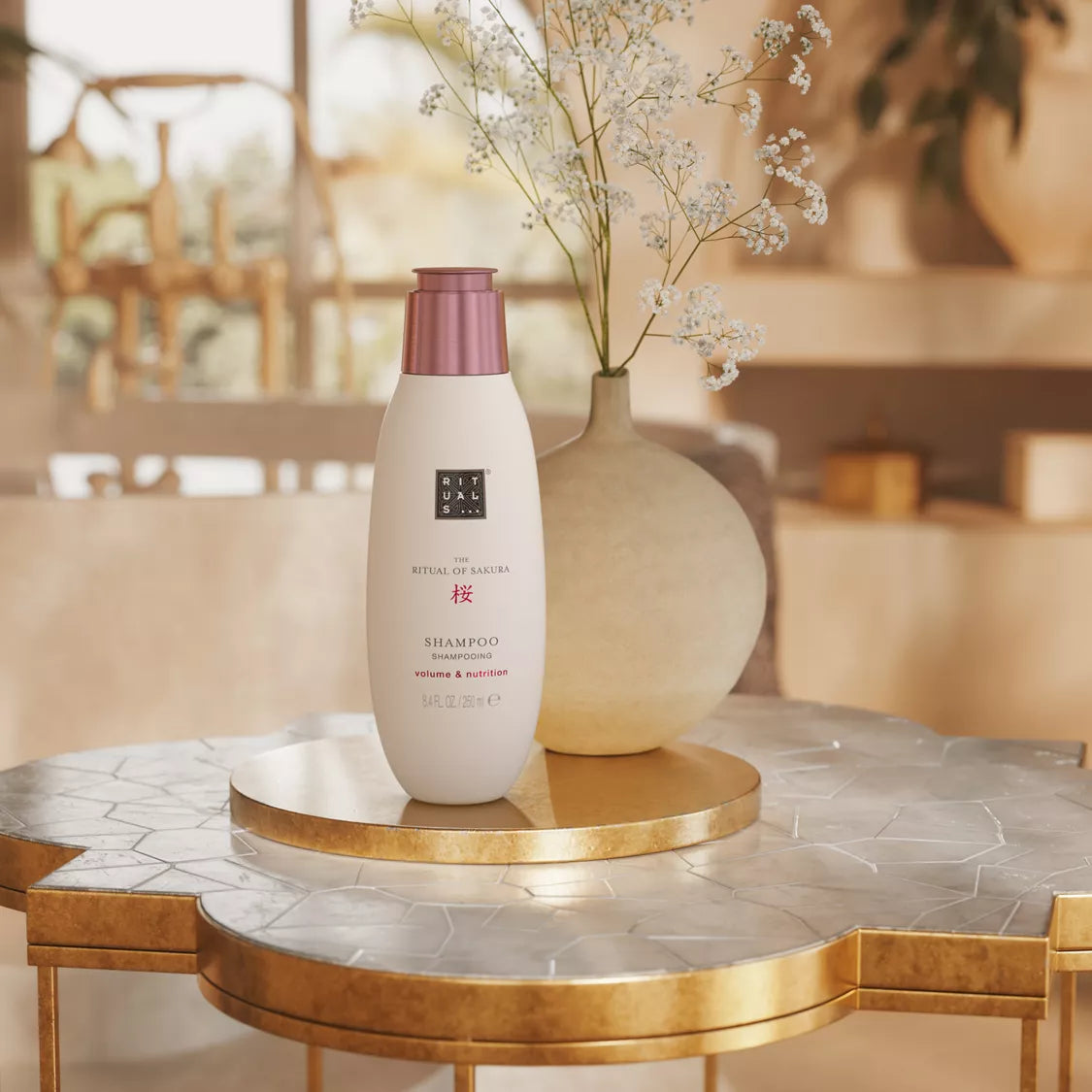 Shampoo bottle on a decorative table with a blurred background
