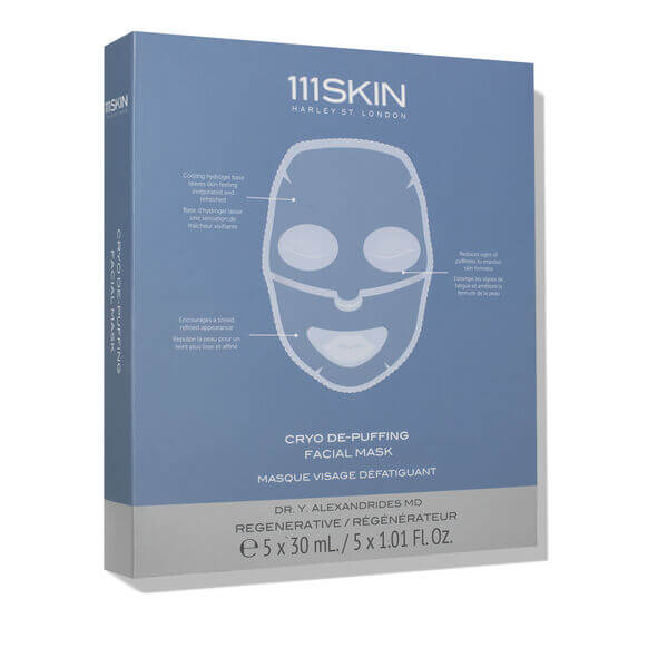 111SKIN Cryo De-Puffing Energy Mask packaging for radiant, energized skin treatment, contains five 30ml masks.