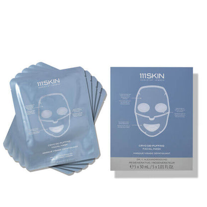 111SKIN Cryo De-Puffing Energy Mask package with multiple facial masks, designed for vibrant and energized skin.