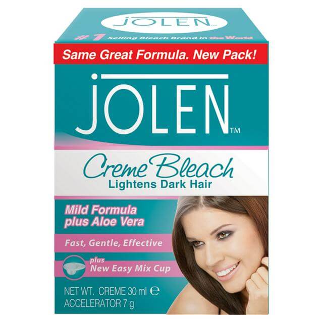 Jolen Mild Cream Bleach 30ml packaging featuring a smiling woman, promoting gentle hair lightening with Aloe Vera.