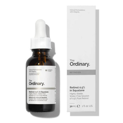 The Ordinary Retinol 0.5% in Squalane 30ml bottle and box packaging for youthful skin.