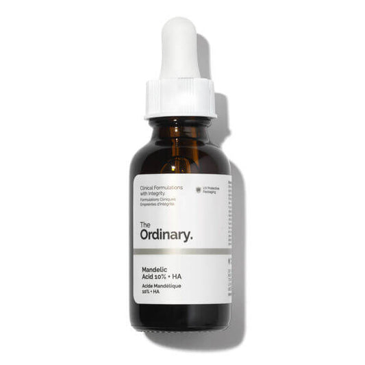 The Ordinary Mandelic Acid 10% + HA serum in a 30ml amber glass bottle with dropper.