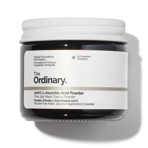The Ordinary 100% L-Ascorbic Acid Powder in a jar, designed to enhance skin radiance and fight aging.